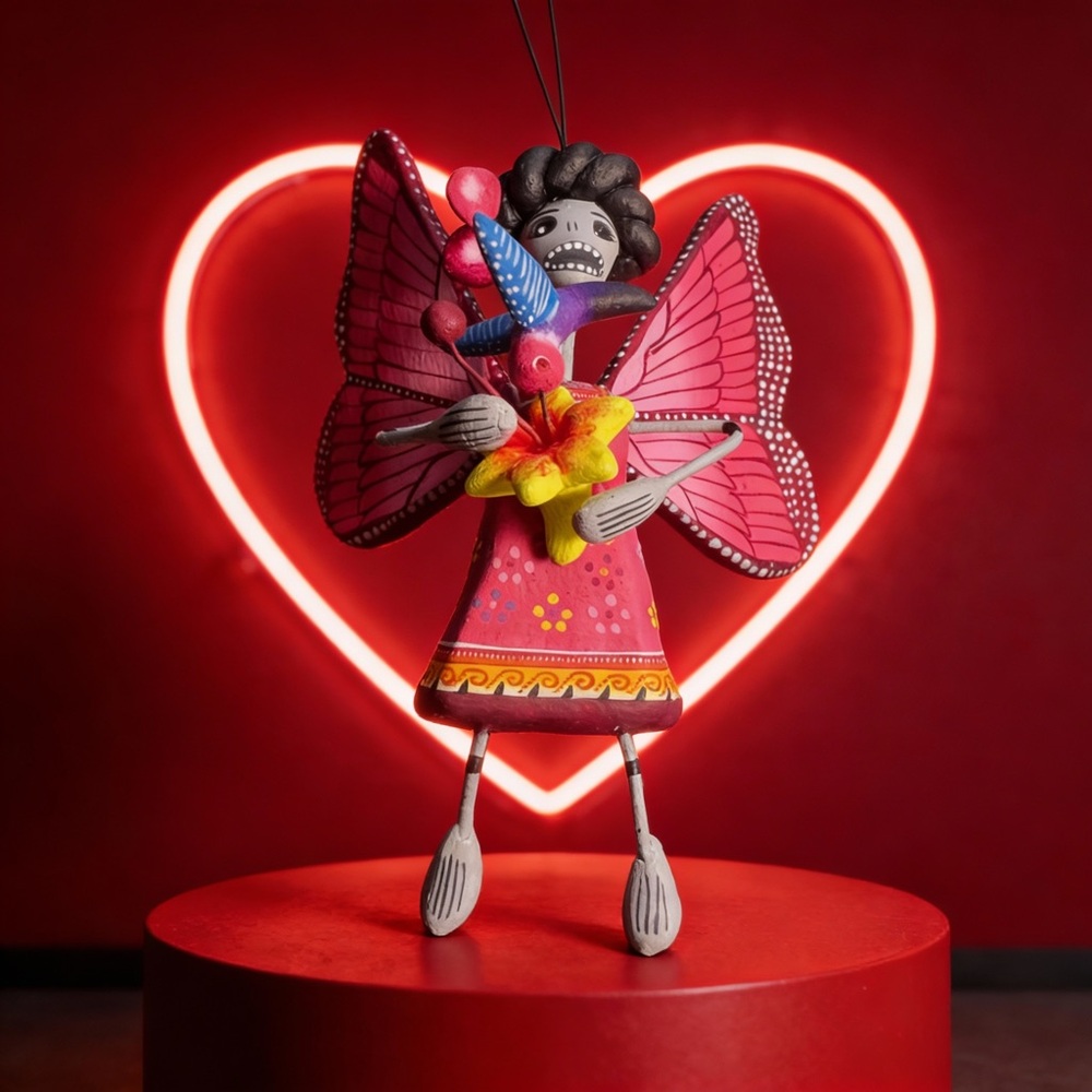 Colorful Angel Figurine with Pink Wings Day of the Dead winged Catrina (hangs)